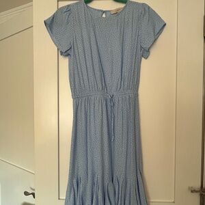 LOFT blue and white polka dot flutter sleeve dress